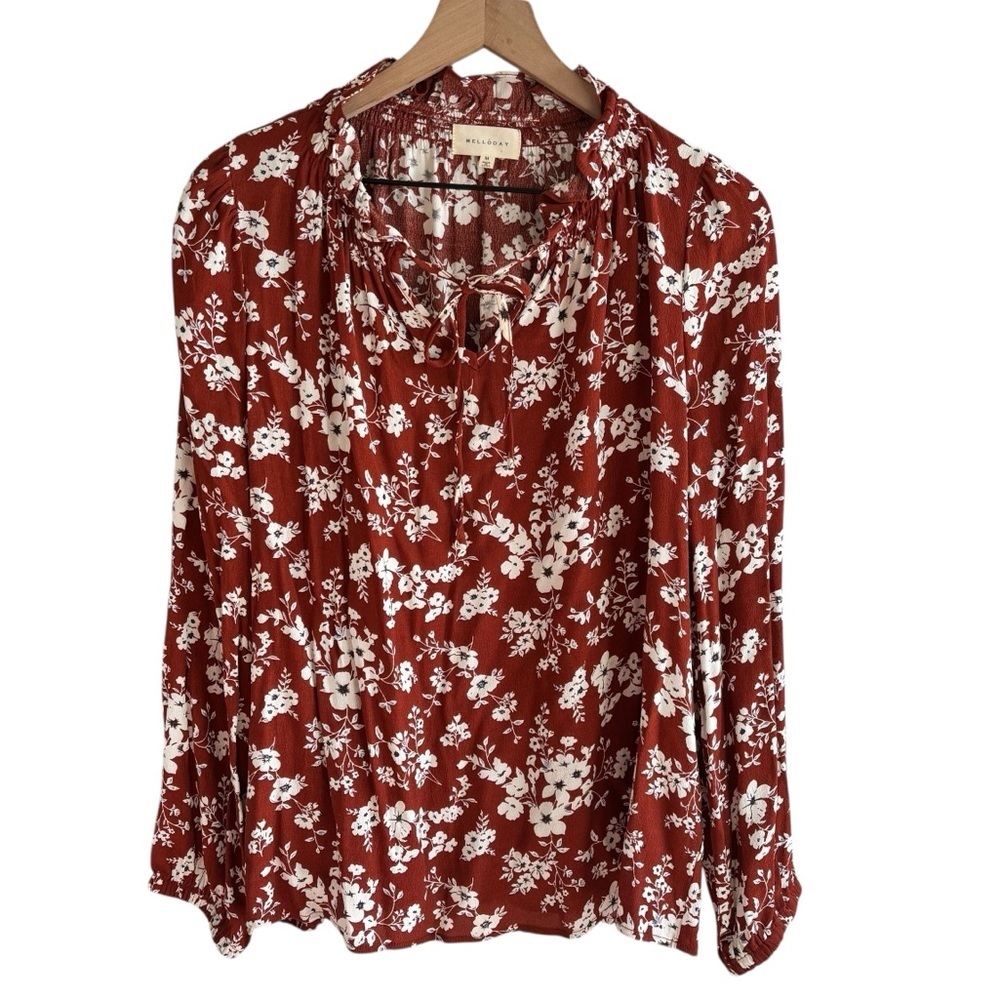 Melloday Floral Blouse Medium Long Sleeve Pullover Tie Neck Boho Cottagecore